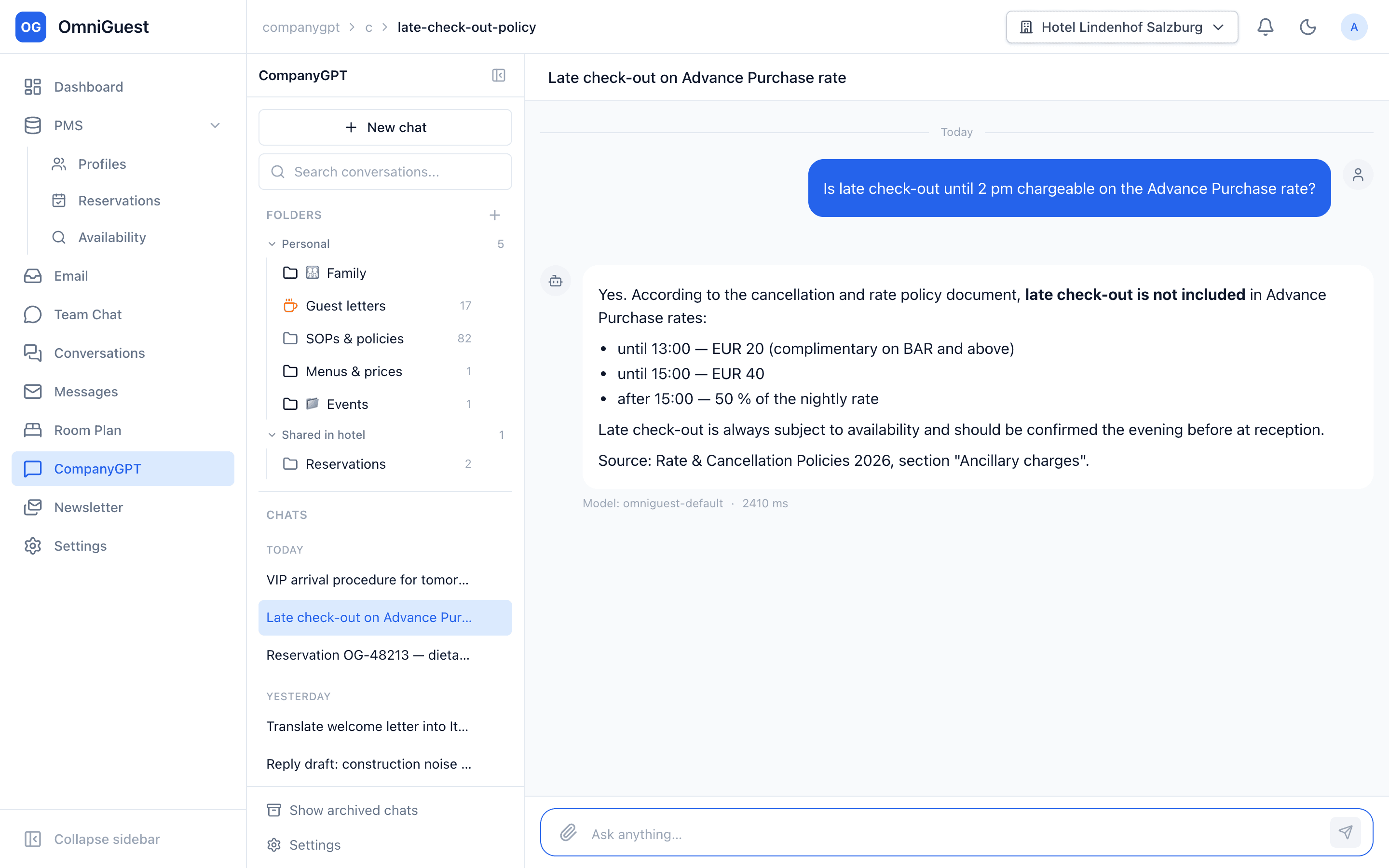 CompanyGPT answer with cited hotel documents from the knowledge base