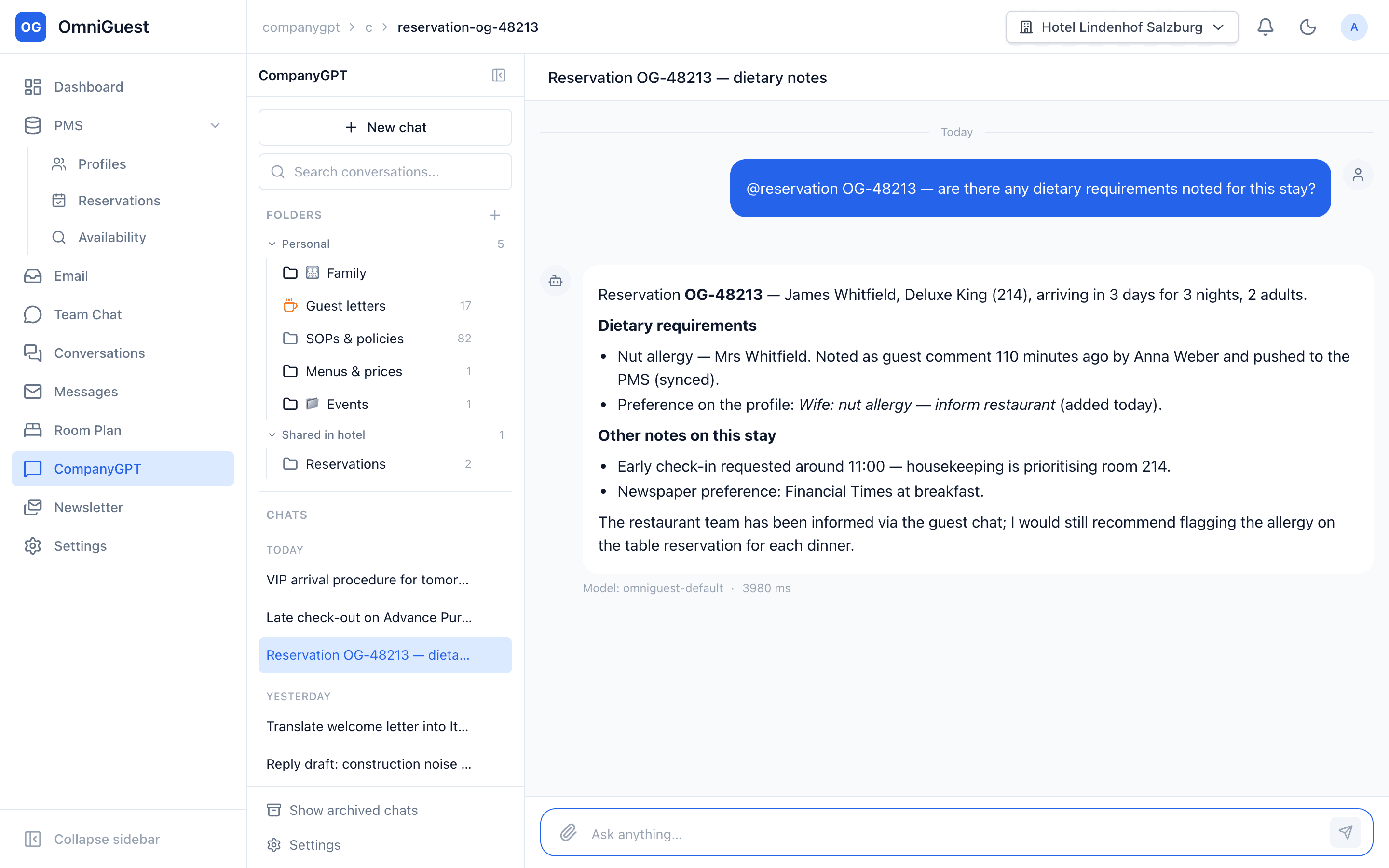 CompanyGPT conversation with an @mentioned reservation card from the PMS