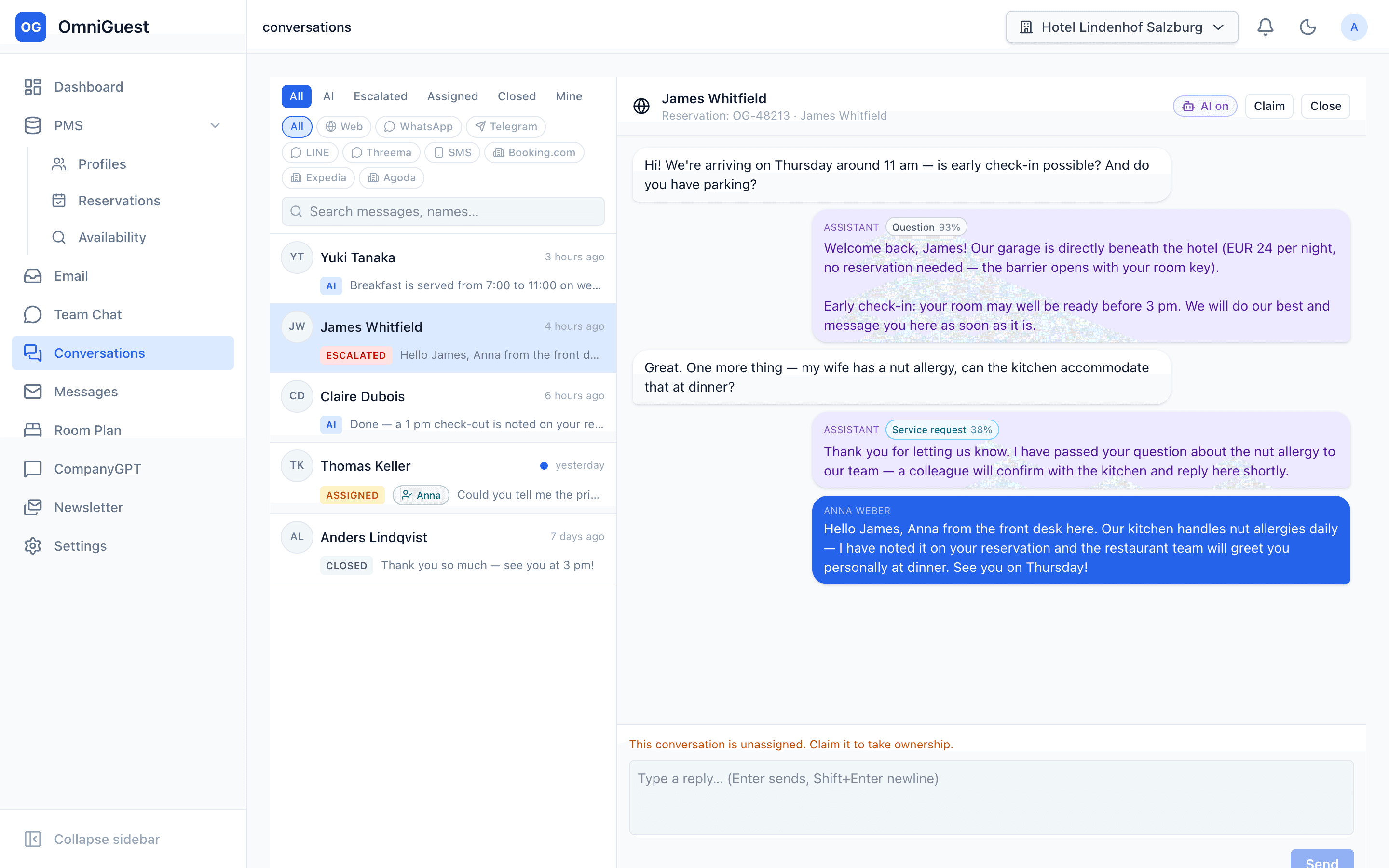 Escalated guest conversation with intent, confidence and staff reply