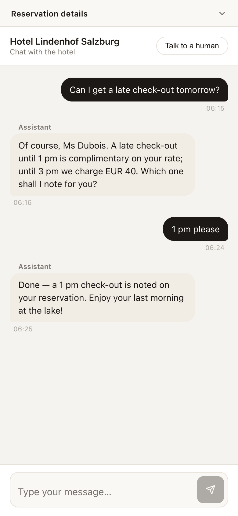 Guest-facing mobile chat with hotel branding and concierge replies