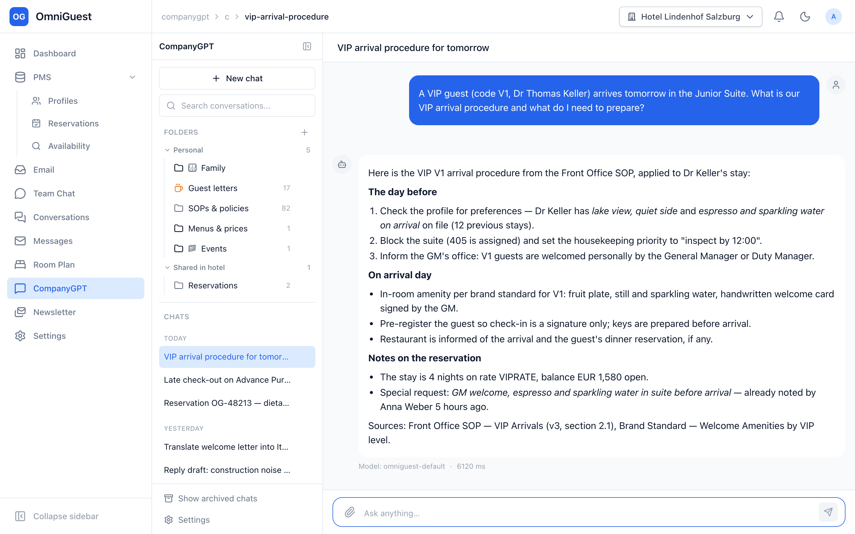 CompanyGPT chat answering a staff question with hotel knowledge and a reservation lookup