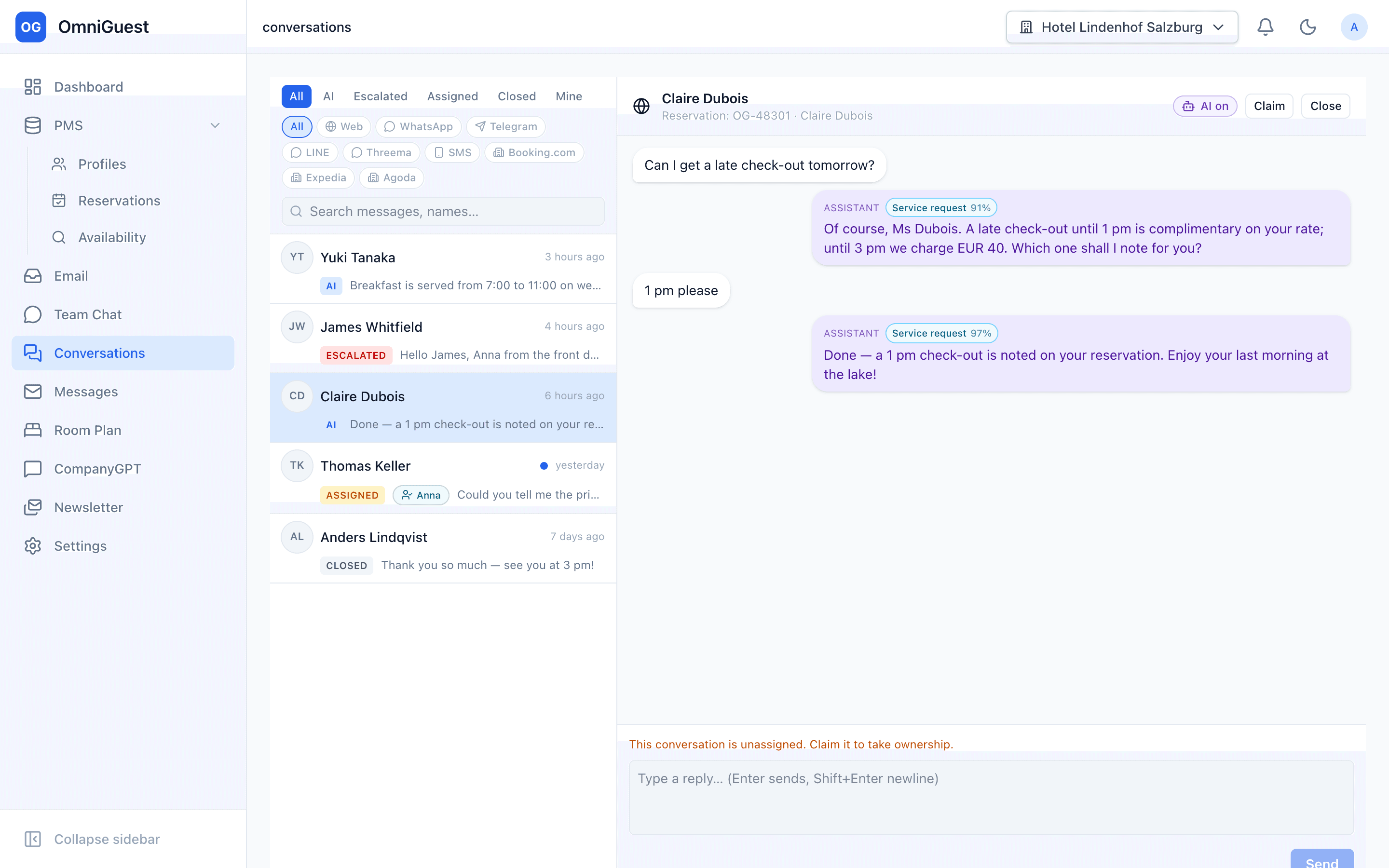 Conversations inbox with web and Telegram chats; the AI concierge resolves a late check-out request end to end