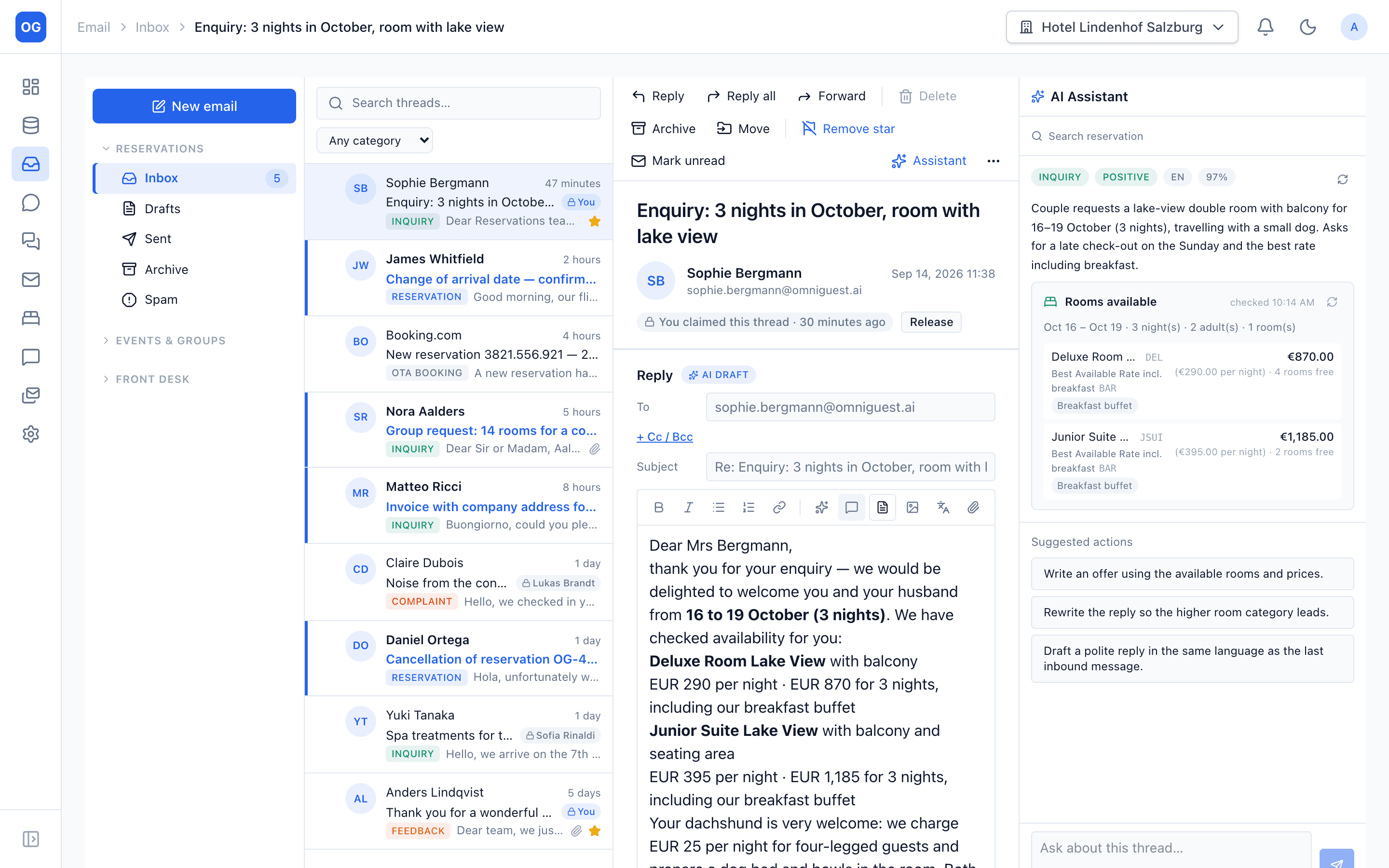 AI reply draft with room categories, dates and rates pulled from the PMS