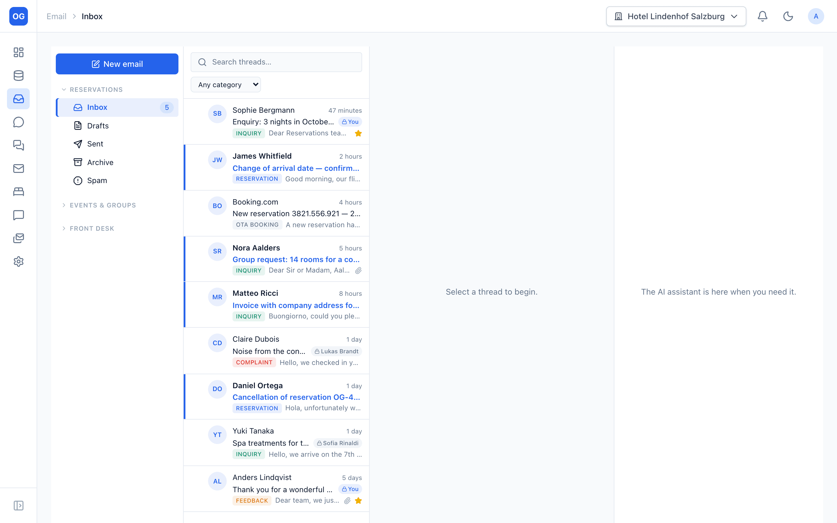 Inbox folder view with AI categories and workflow status per thread