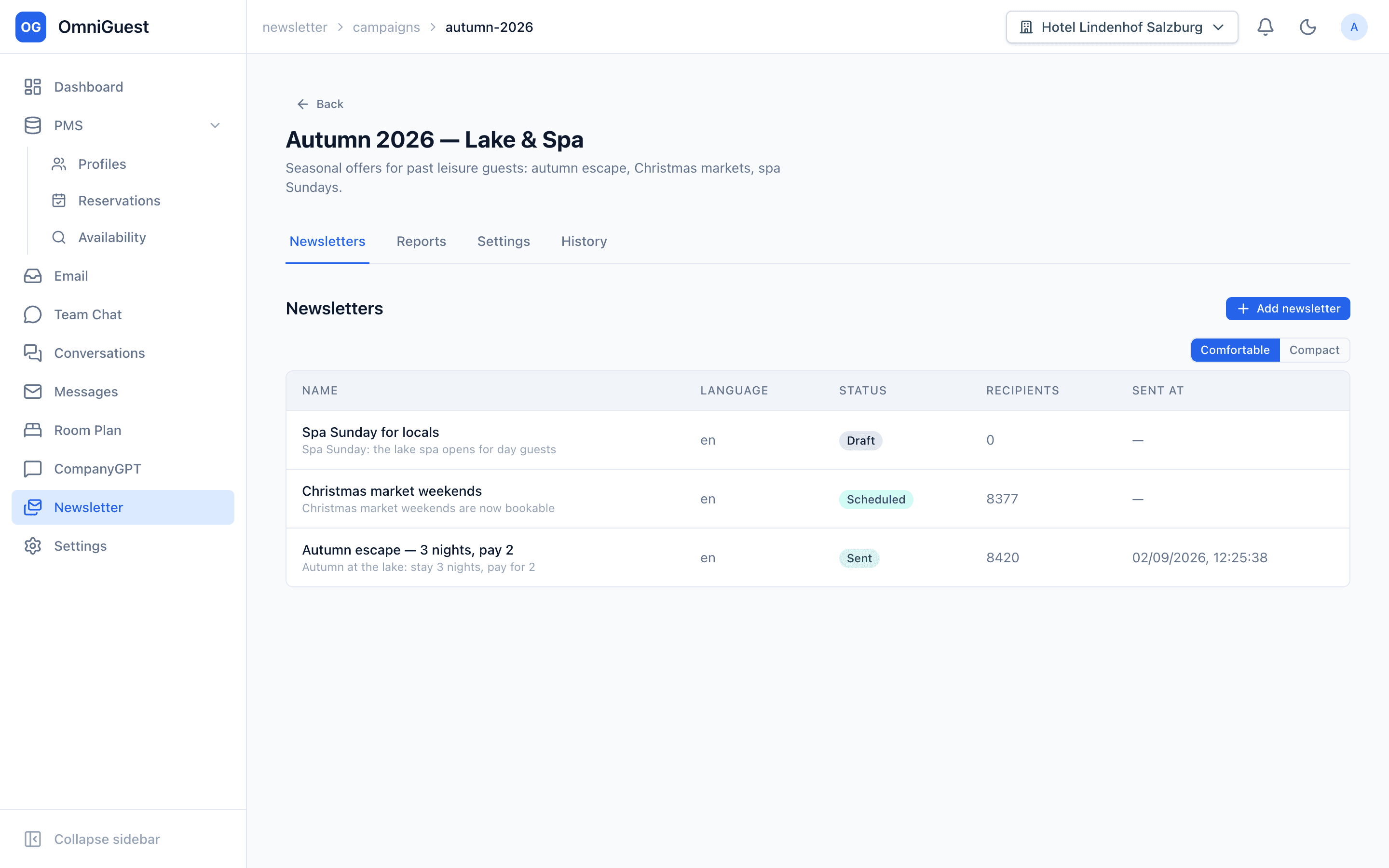 Newsletter campaign with sent, scheduled and draft newsletters, languages and recipient counts