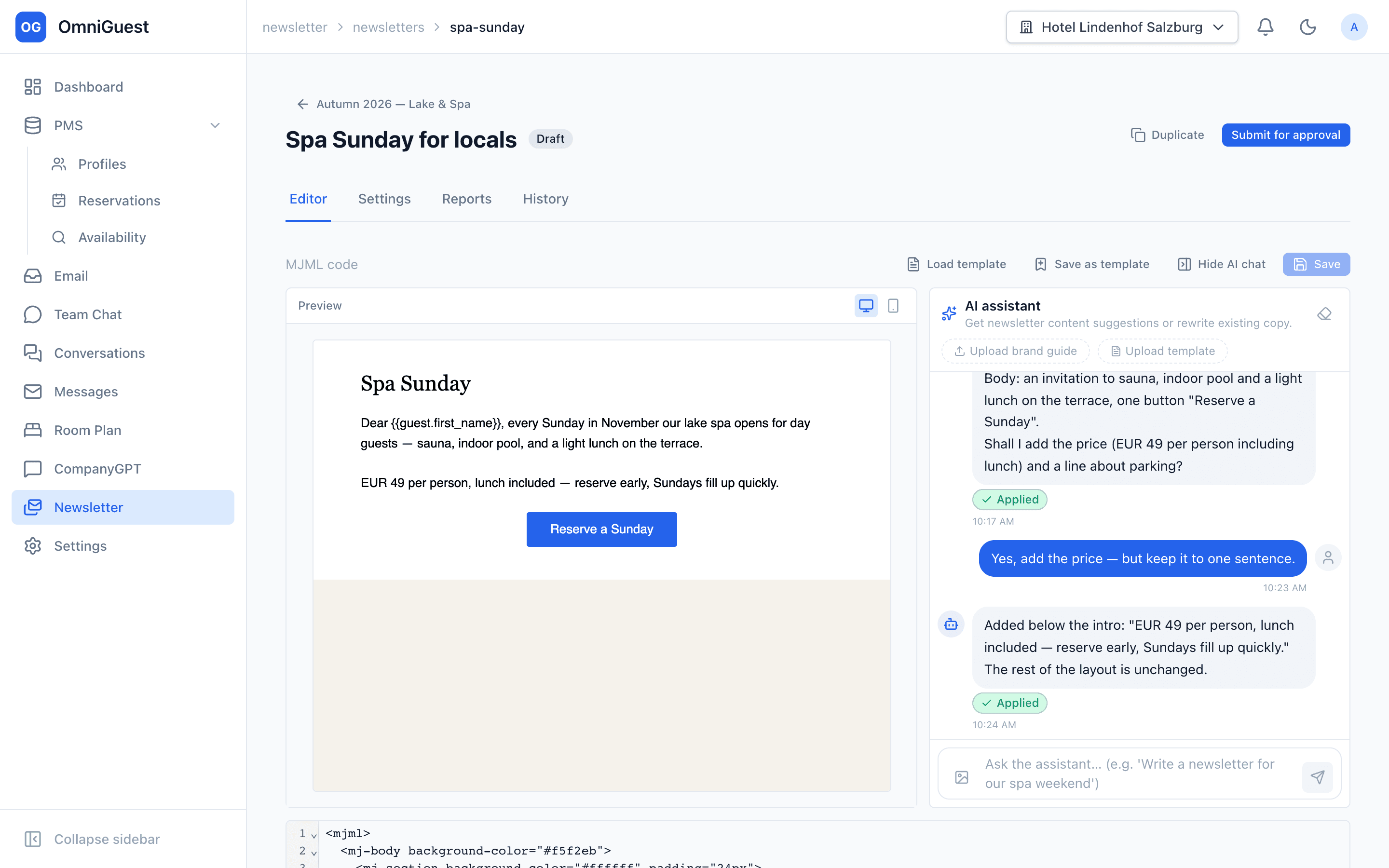 Newsletter editor with AI chat authoring and live preview