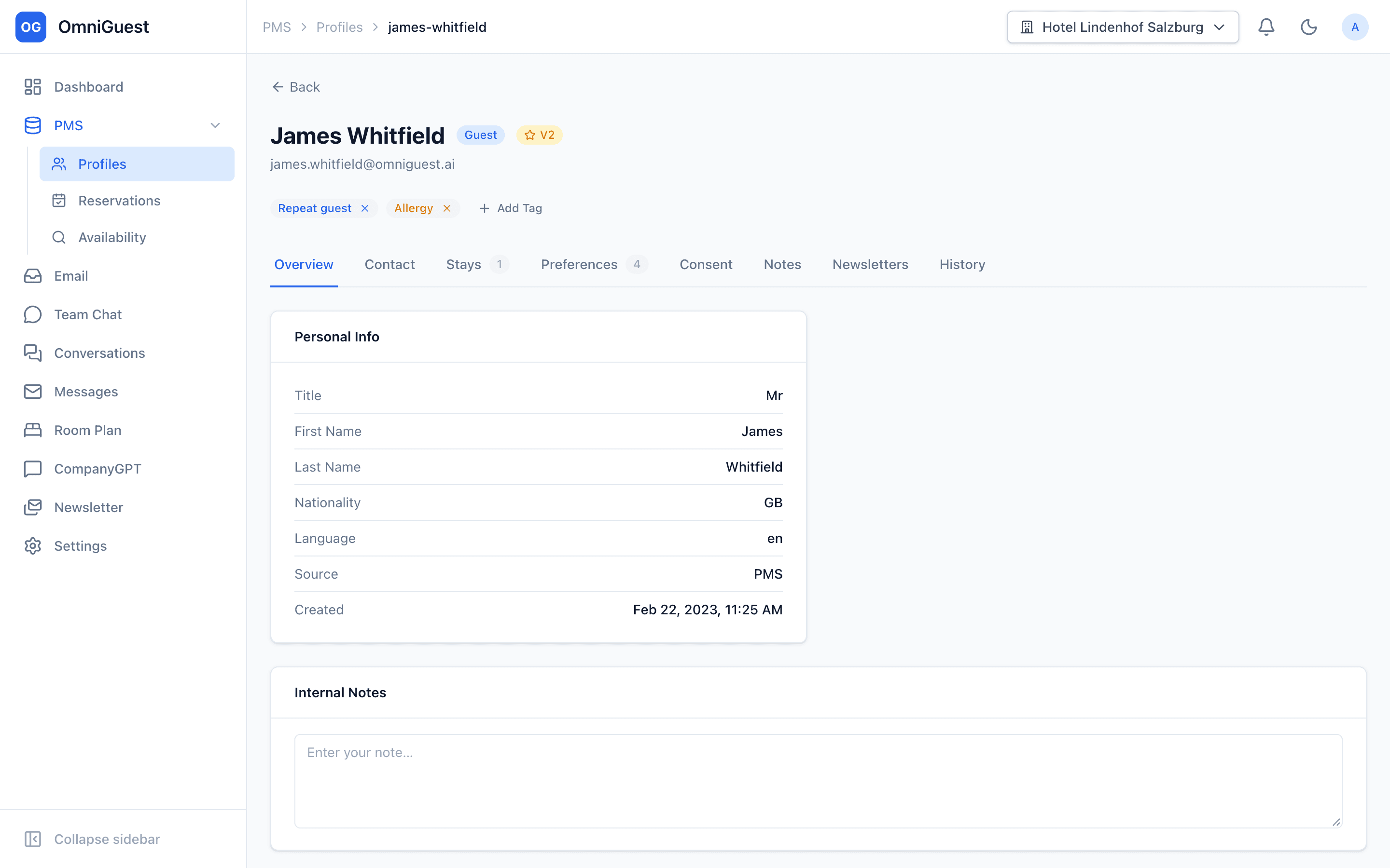 Guest profile with stays, reservations, preferences and communication history