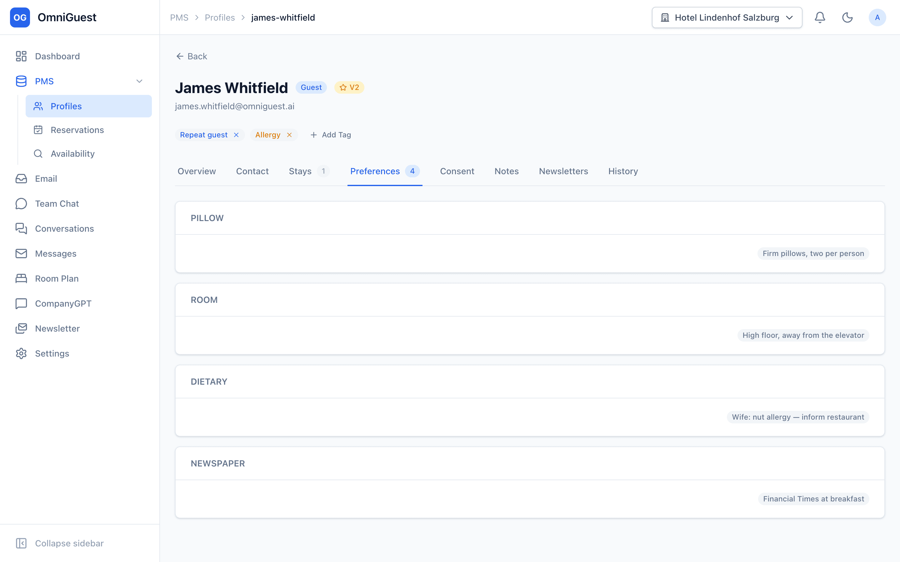 Guest profile preferences tab with pillow, room, dietary and newspaper preferences and their sources