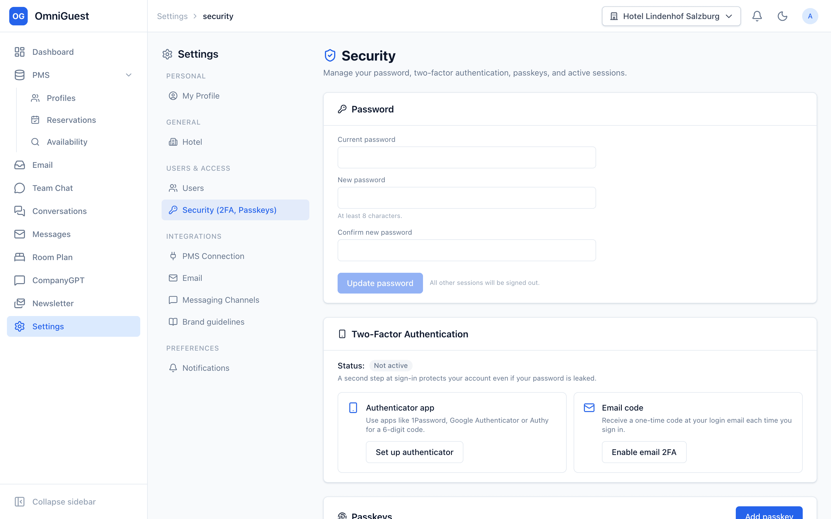 OmniGuest security settings with password, two-factor authentication and passkeys