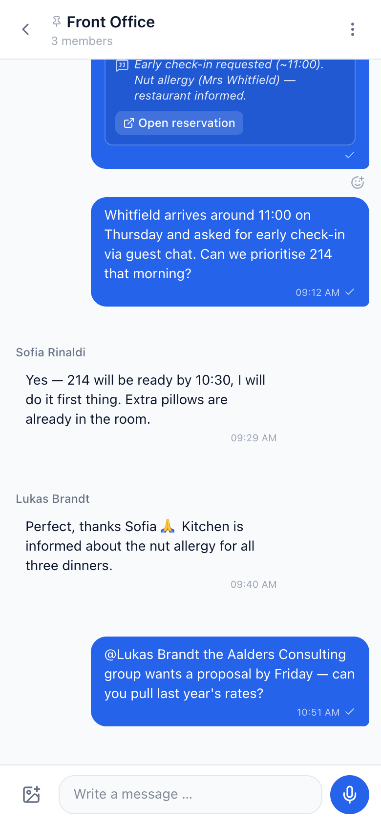 Staff chat as a mobile app with department channels and voice message