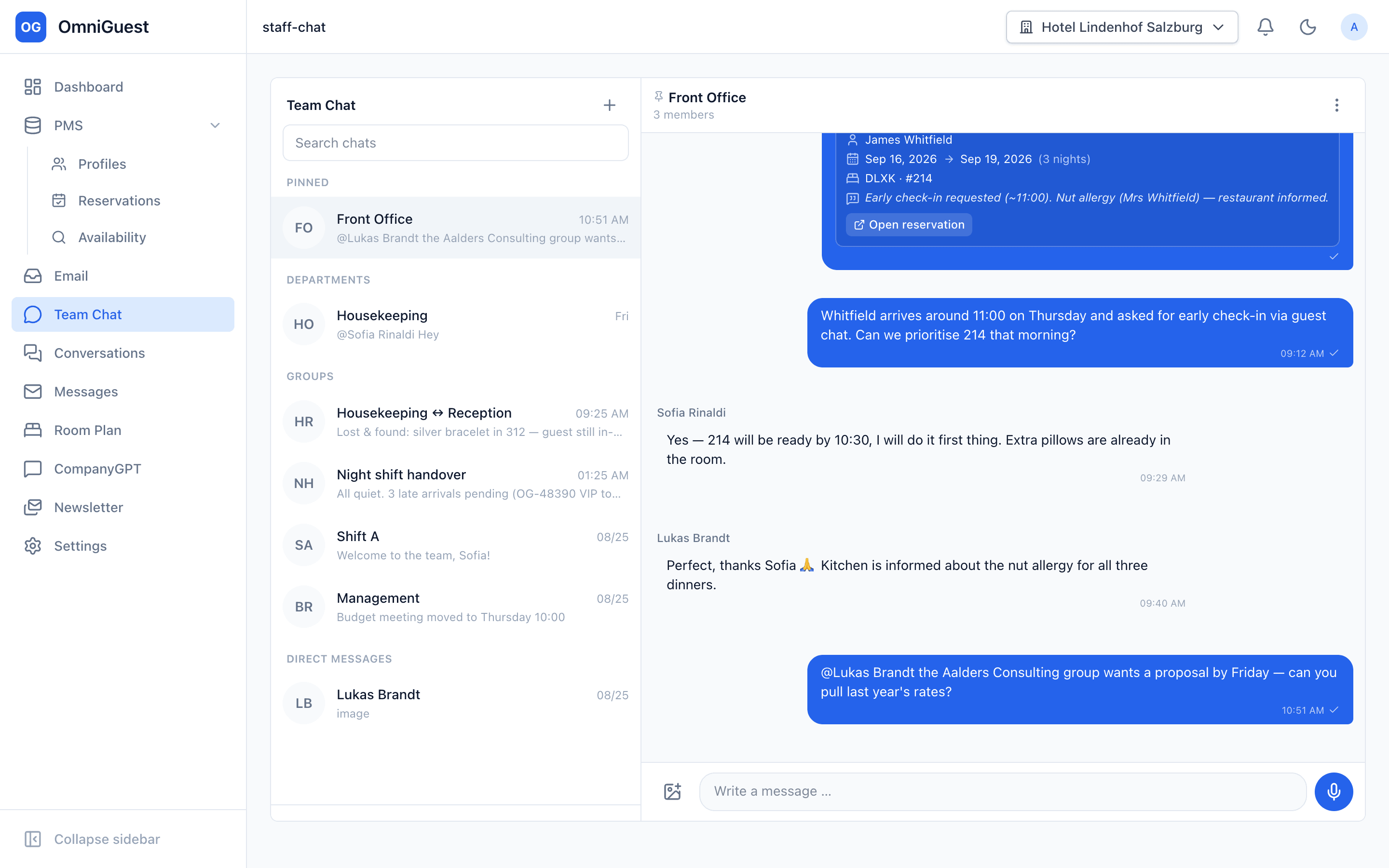 Staff chat with department channels, a broadcast and a reservation card